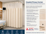 An ivory hospital privacy curtain shown hanging in a hospital room setting, with a product information panel on the right detailing features like mesh top, fire rating, and dimensions, and a size chart at the bottom left. Drapery King Toronto