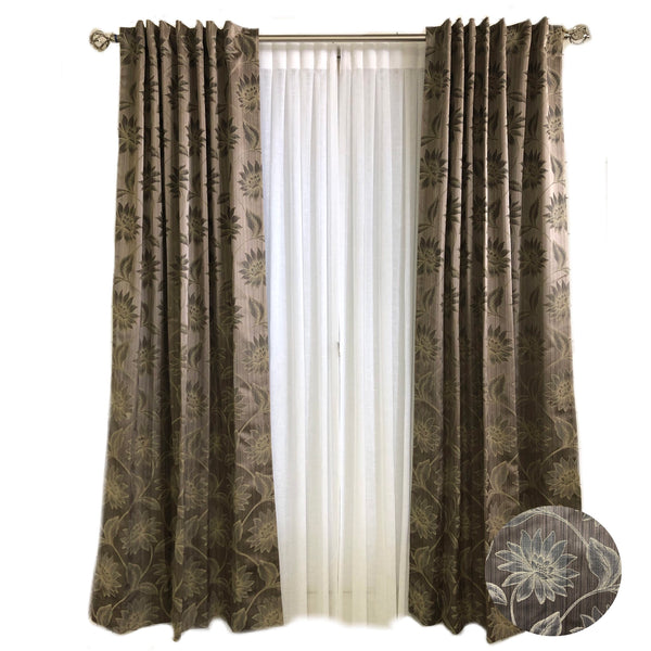 Brown Silk with Ivory Daisy Flower Curtains